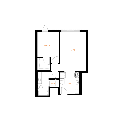 Floor plan for 1 bed, 1 bath, 668 sqft